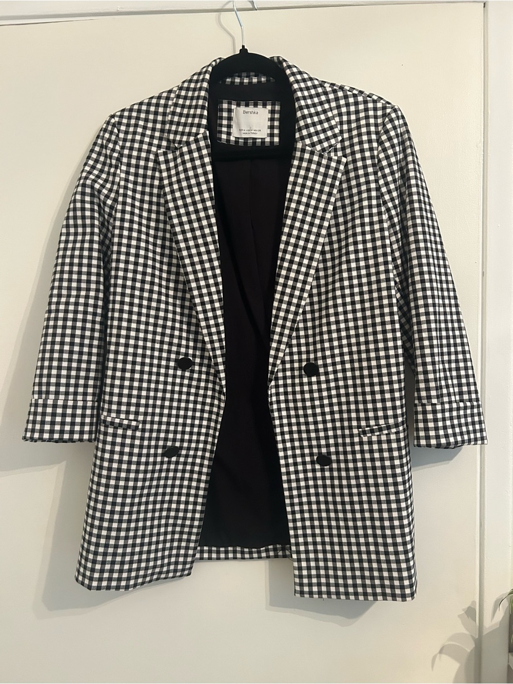 Bershka Black & White Gingham Double-Breasted Blazer